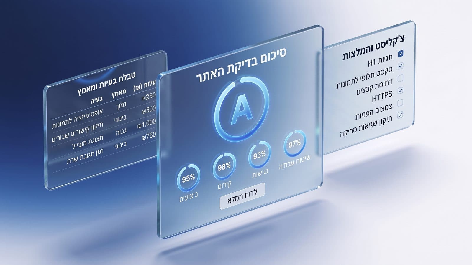 דוח מקיף לאתר: סיכום בדיקה עם ציון כולל A וציוני ביצועים, קידום, נגישות ושיטות עבודה, לצד צ'קליסט המלצות וטבלת בעיות ועלויות
