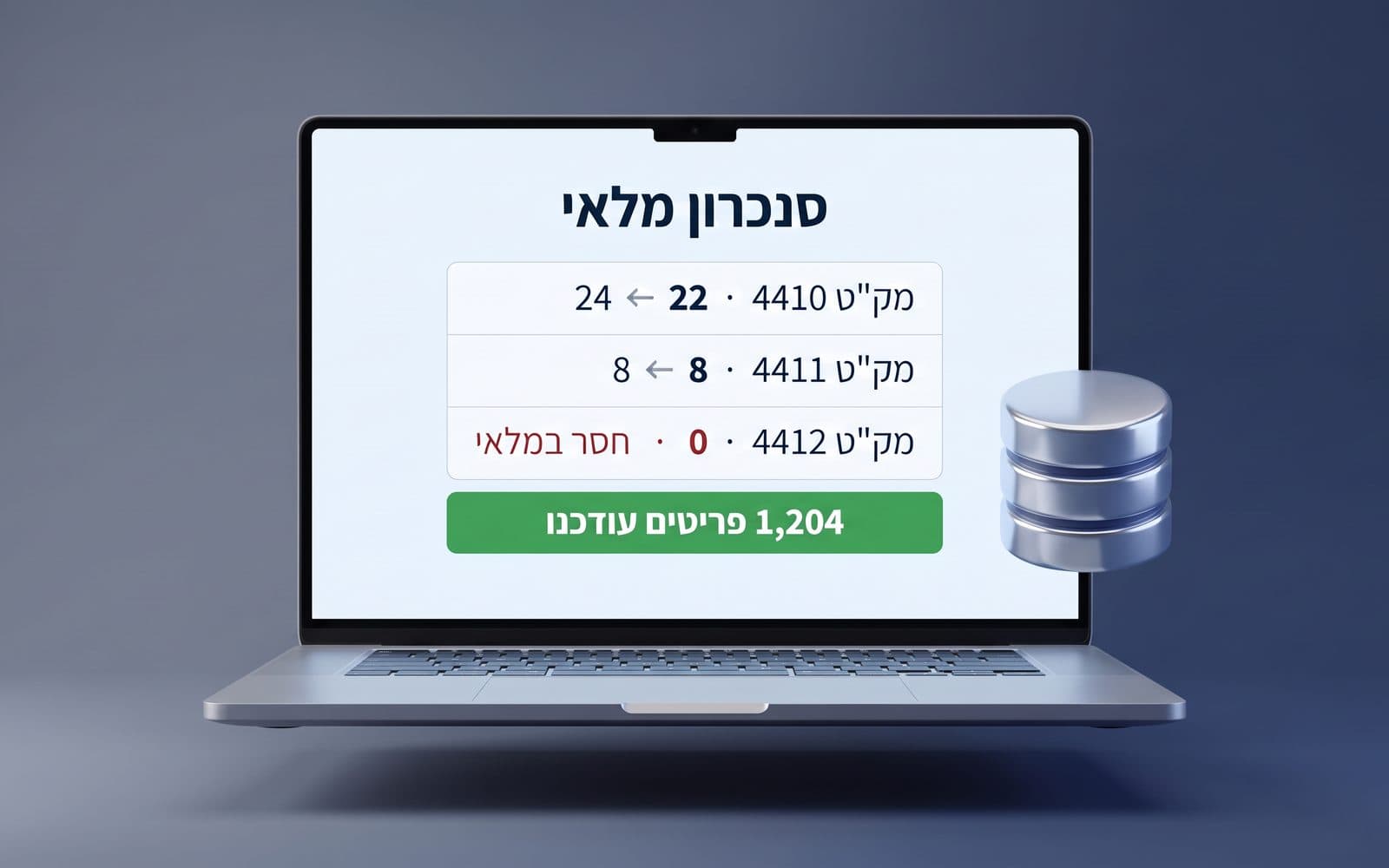 מסך מערכת ERP עם נתוני מלאי, הזמנות רכש ותנועות מחסן