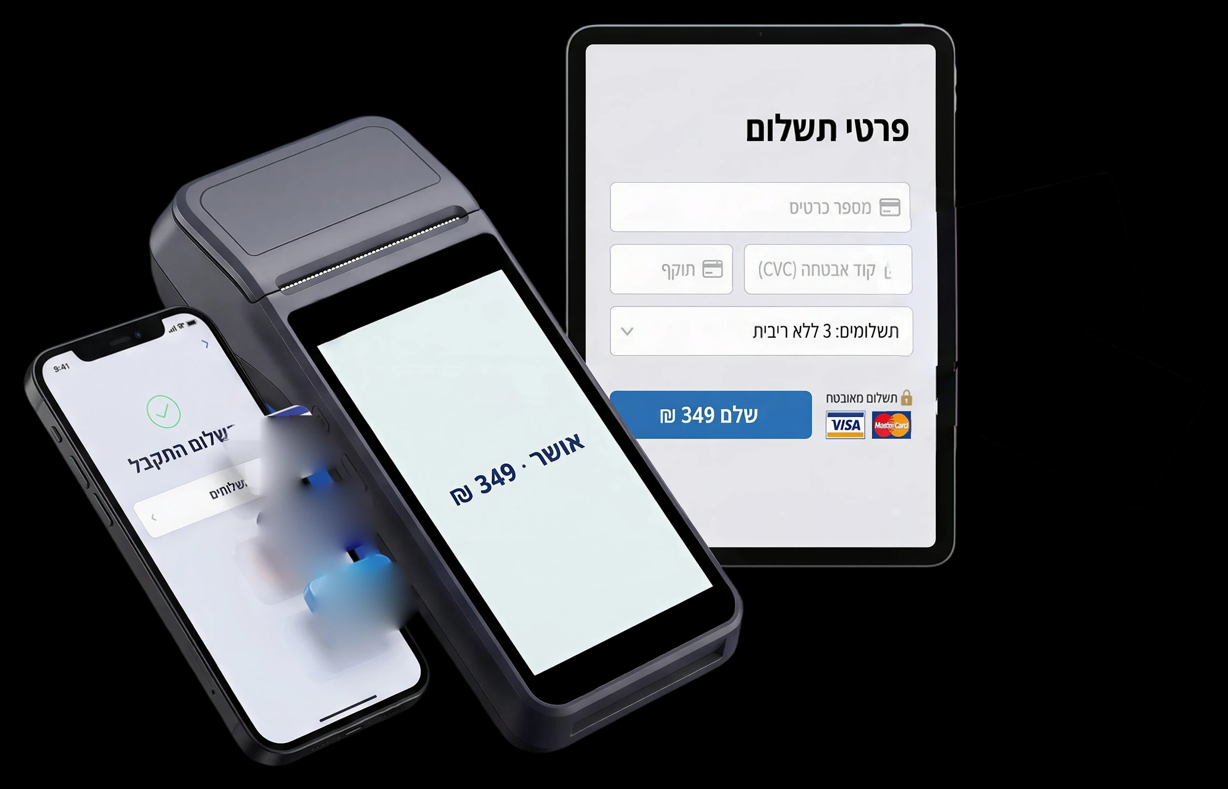 מסך תשלום מאובטח בחנות אונליין עם בחירת אמצעי תשלום ותשלומים